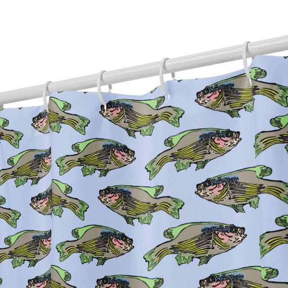 Hand-Drawn Fish Shower Curtain – Trout Pattern Bathroom Decor