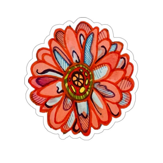 Funky Orange Zinnia Decal / Hand drawn orange flower sticker
