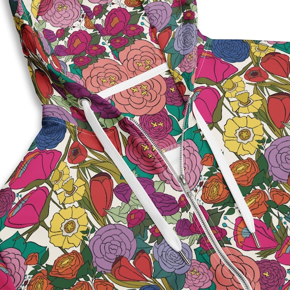 Floral Zip Hoodie, Botanical Boho Art Jacket, Colorful Streetwear Unisex