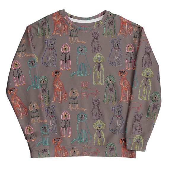 Art Dog Sweatshirt: Whimsical Doodles Print, Unisex Crewneck, Recycled Polyester