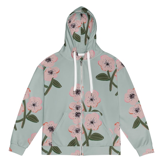 Floral Zip Hoodie, Unisex Vintage Revival Art Jacket with Pink Flowers