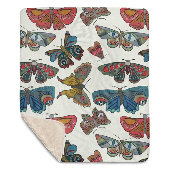 Ivory Butterfly Blanket / Muted Colorful Butterflies Cozy Soft Sherpa blanket