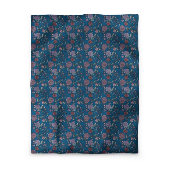Floral Duvet Cover, Blue Violet Cottagecore Bedding, Hand-Drawn Moody Bedroom Decor