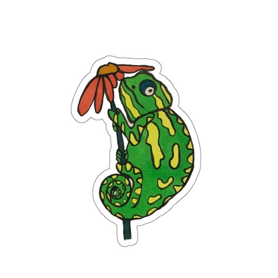 Cute Green Chameleon Sticker with Daisy - Waterproof Vinyl Decal