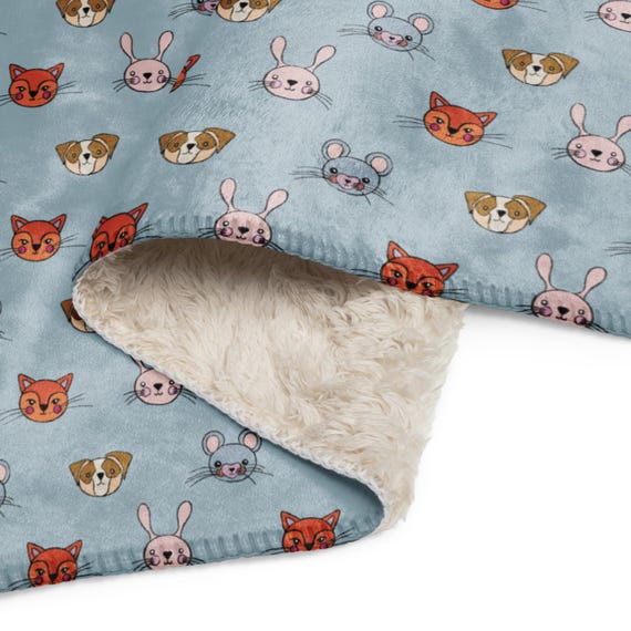 Baby Blue Animal Print Sherpa Blanket - Fox, Rabbit, Mouse & Dog - Soft Plush Throw