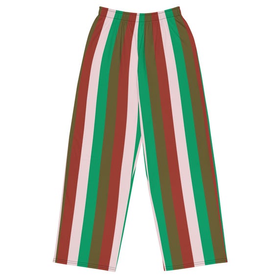 Striped Christmas Lounge Pants, Wide Leg Pajama Bottoms / Pink Red and Green