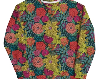 Bold Floral Sweatshirt, Colorful Botanical Print Pullover, Vibrant Art Top