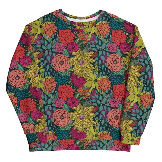 Bold Floral Sweatshirt, Colorful Botanical Print Pullover, Vibrant Art Top