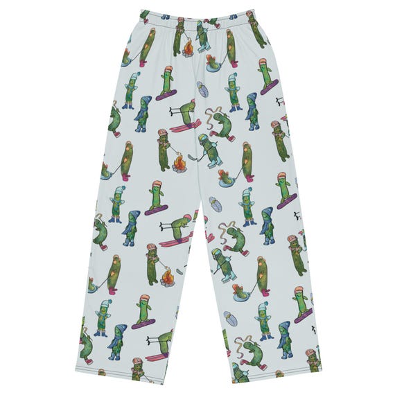 Pickle Pants /Holiday Pajama Bottoms / Pickles Playing Winter themed Sports