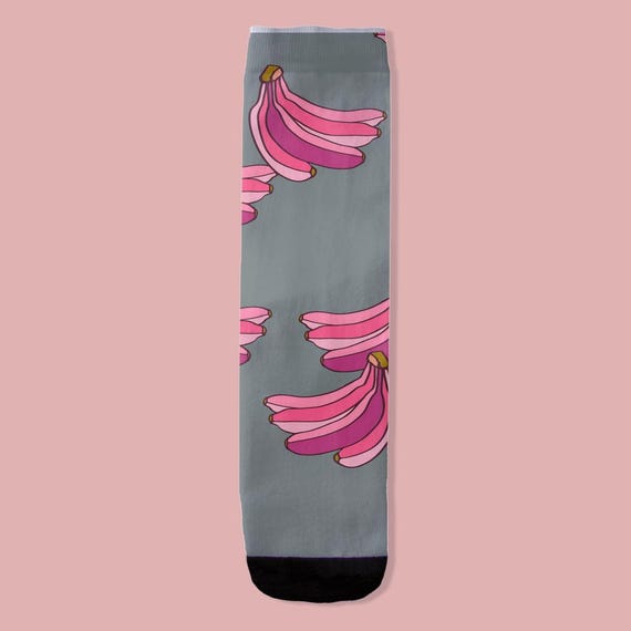 Pink Bananas On Mauve Socks, Fun Fruit Patterned Crew Socks, Novelty Pink And Yellow Design, Comfy Cotton Sock Pair, Cute Footwear Accessory