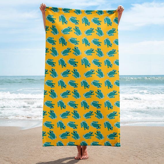 Yellow and Teal Frog Beach Towel