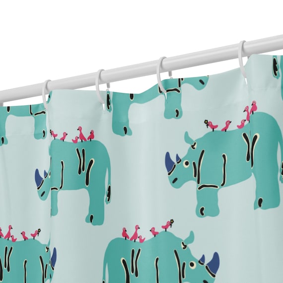 Rhino Shower Curtain // Fun Animal Shower Curtains Aqua Blue and White