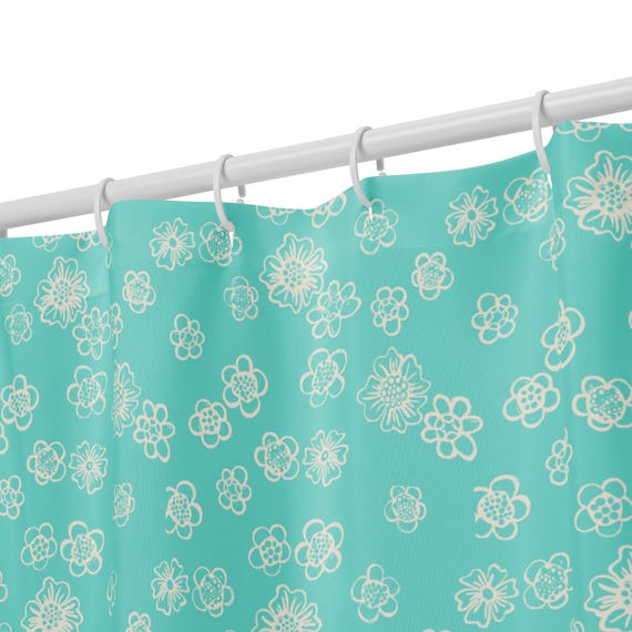 Floral Shower Curtain, Aqua Blue Bathroom Decor, Light Botanical Bath Curtain, Soft Garden Collection