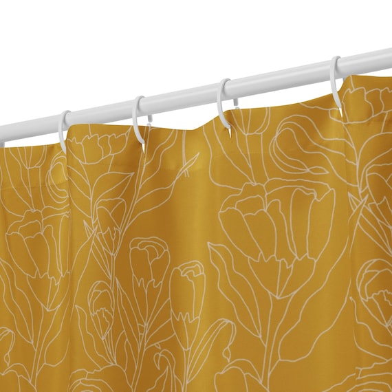 Tulip Shower Curtain, Minimal Floral Bathroom Decor, Mustard Yellow Botanical Bath, Modern Simple Home