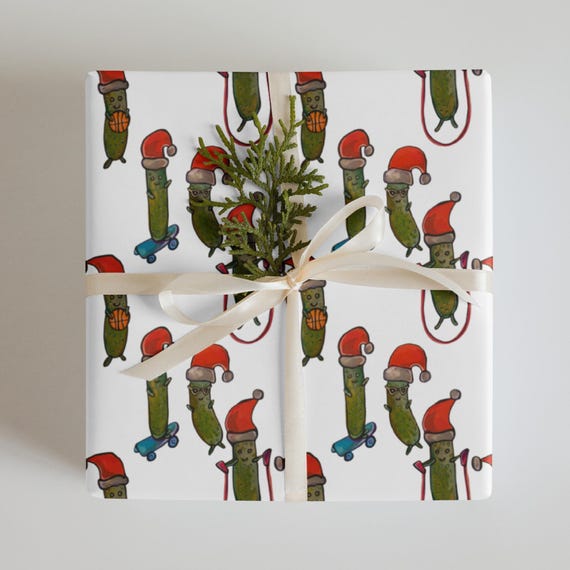 Christmas Pickle Gift Wrap, Santa Hat Design, Holiday Packaging
