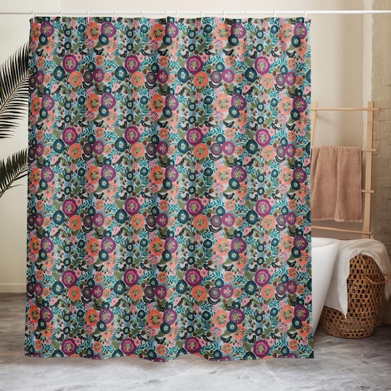 Hand-Drawn Song Bird Shower Curtain: Teal Floral Bathroom Decor