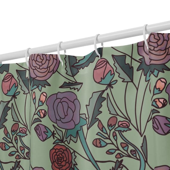 Floral Shower Curtain, Sage Green Botanical Bath Decor, Hand-Drawn Modern Design