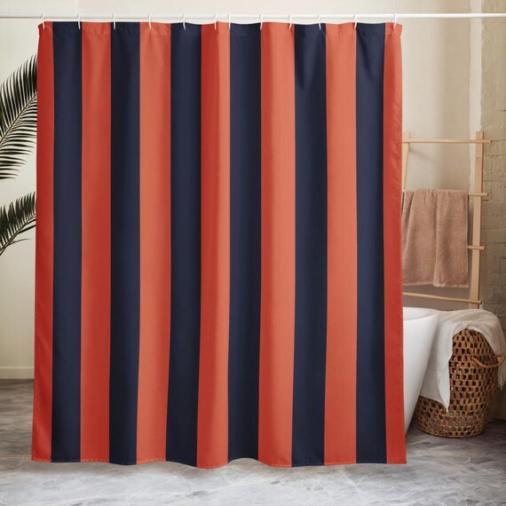 Striped Shower Curtain, Navy Orange Bathroom Decor, Preppy Bold Stripe Bath, Modern Graphic Home