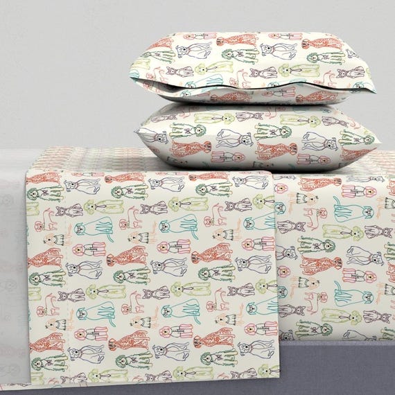 Sheet Set in Colorful Dog Doodles / Warm Sand / Jackie Roux