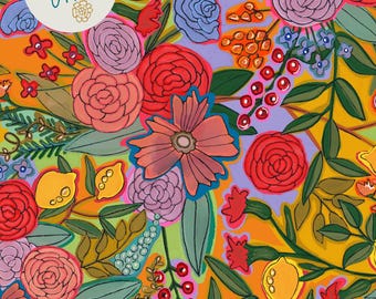 Floral Duvet Cover, Maximalist Botanical Bedding, Citrus Gardenscape Collection