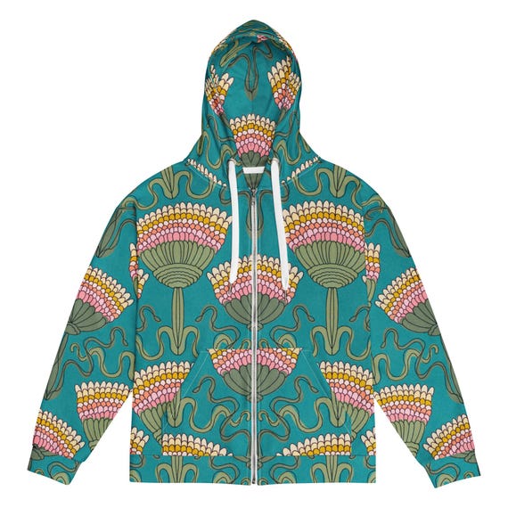 Retro Botanical Floral Zip-Up Hoodie, Wearable Art, Hand-Drawn Floral Print