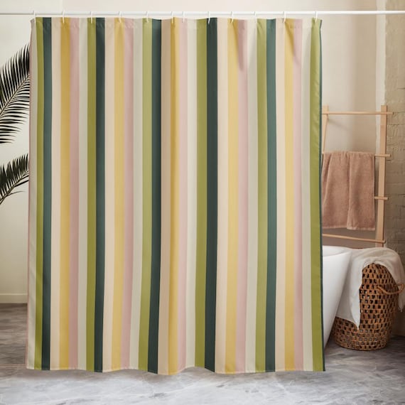 Striped Shower Curtain, Green Preppy Bathroom Decor, Classic Stripe Bath Curtain, Modern Bath