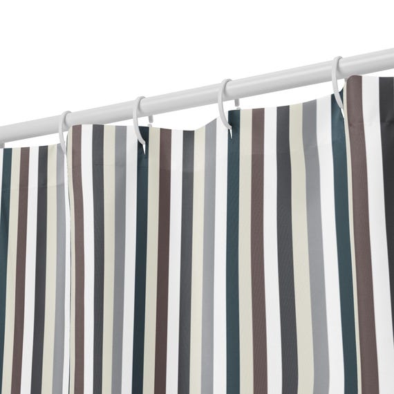 Neutral Stripe Shower Curtain | Modern Minimal Bathroom Decor | Beige Gray Striped Bath Curtain