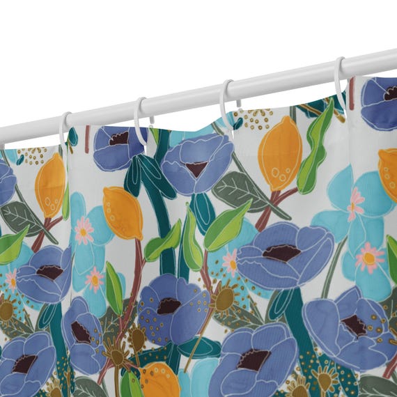 Blue Floral Shower curtain / Lemons and Periwinkle Flowers