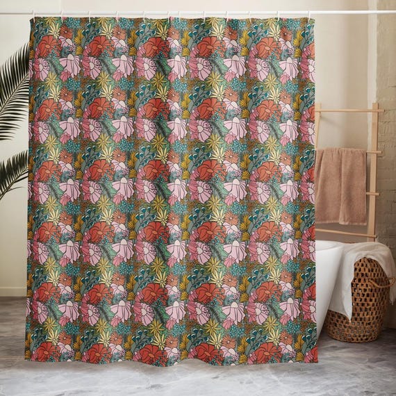 Boho Floral Shower Curtain, Pastel Botanical Bedding, Cottagecore Flower Pattern, Retro Garden Bathroom Decor