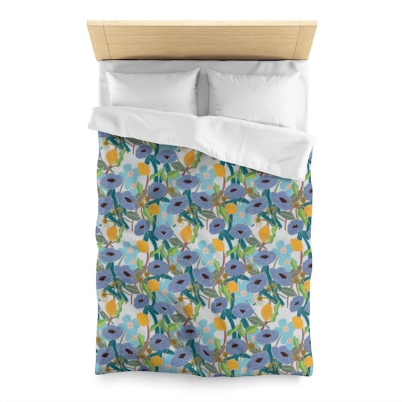 Floral Duvet Cover, Blue Botanical Bedding, Modern Flower Comforter Cover, Soft Bedroom Decor