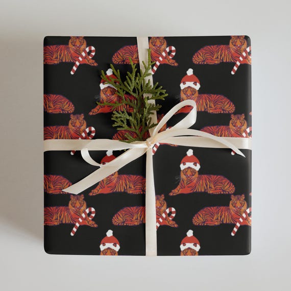 Christmas Tiger Wrapping Paper Sheets Black Background