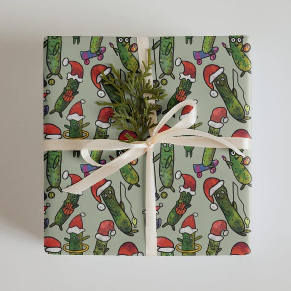 Christmas Pickles Wrapping paper sheets / 3 Gift Wrap Sheets / Light Green