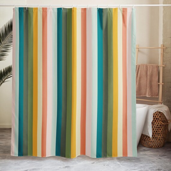 Striped Shower Curtain, Pink Green Yellow Bathroom Decor, Colorful Modern Stripe Bath Curtain, Stripe Studio Collection