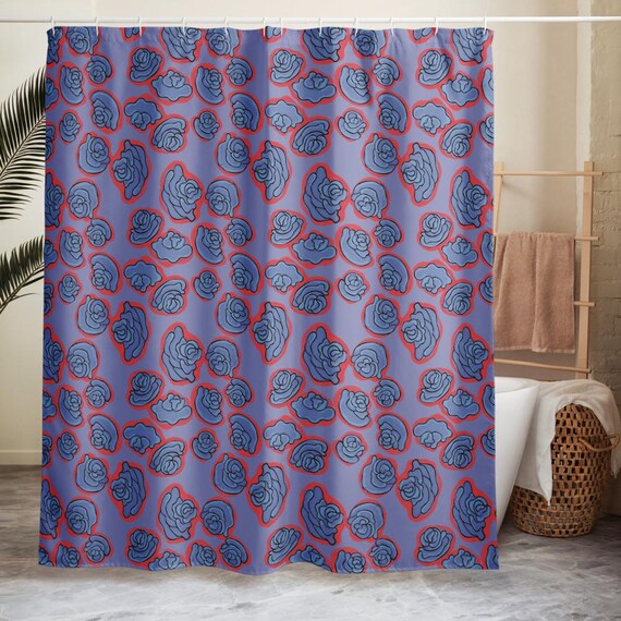 Blue Rose Shower curtain / Modern Floral Rose Design / Red and Periwinkle