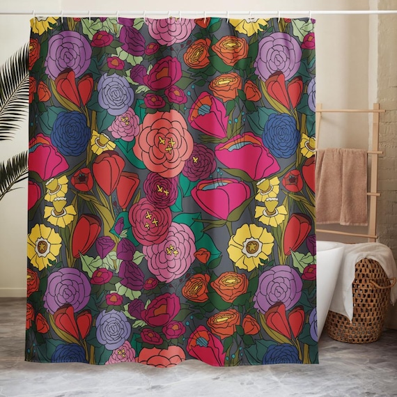 Floral Shower Curtain, Bold Colorful Flower Bathroom Decor, Maximalist Boho Bath, Bright Garden Home