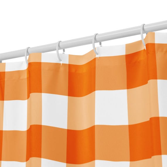 Orange Gingham Shower Curtain, Checkered Bathroom Decor, Preppy Farmhouse Bath, Cottagecore Home Style