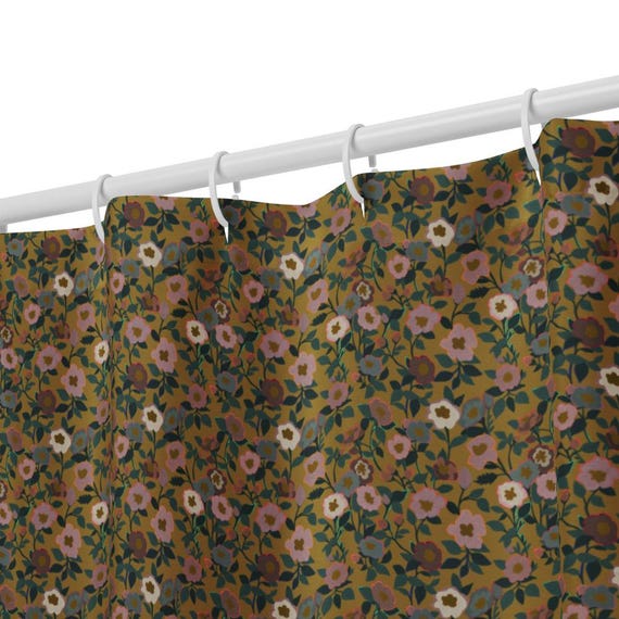 Floral Shower Curtain, Dark Moody Bathroom Decor, Vintage Gold Flower Bath, Maximalist Boho Home