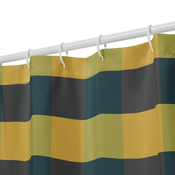 Gingham Shower Curtain, Green Yellow Plaid Bathroom Decor, Retro Check Bath Curtain, Preppy Bathroom