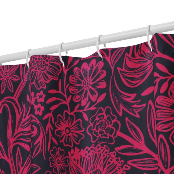 Vibrant Floral Bathroom Curtain – Fuchsia Flowers on Navy Background