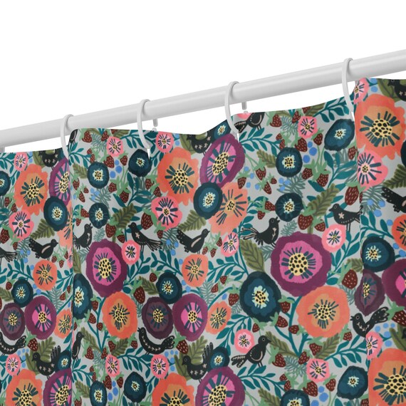 Hand-Drawn Song Bird Shower Curtain: Teal Floral Bathroom Decor