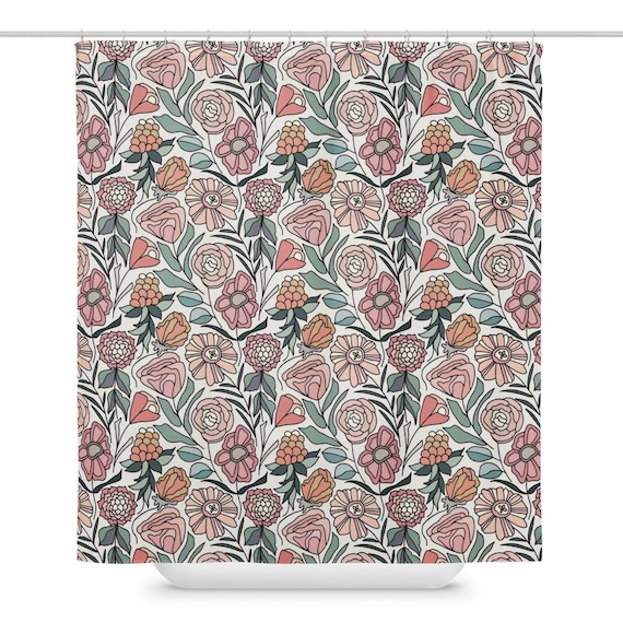 Floral Shower Curtain, Sage Green Blush Pink Botanical Bathroom Decor