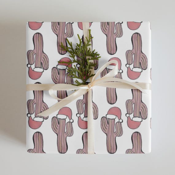 Christmas Cactus Gift Wrap: Santa Hat Design - 3 Matte Sheets