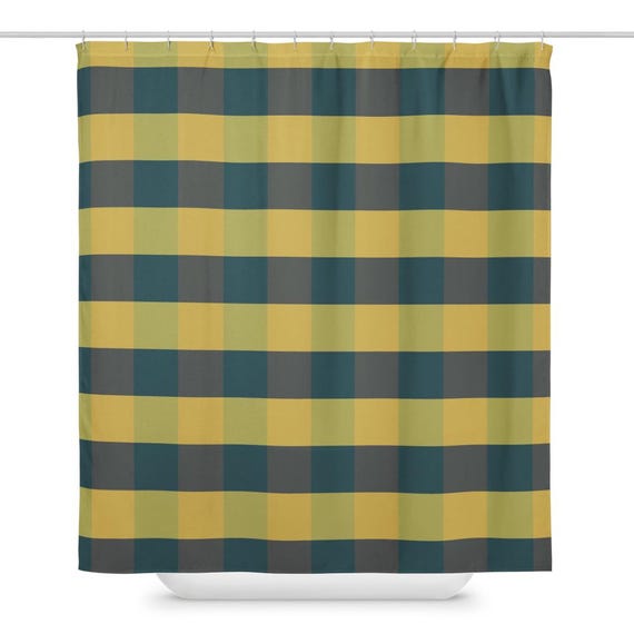 Gingham Shower Curtain, Green Yellow Plaid Bathroom Decor, Retro Check Bath Curtain