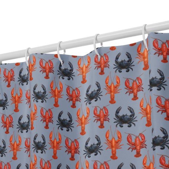 Crab Shower Curtain / Blue Crab, Crawfish, Lobster / Handdrawn Shower Curtain