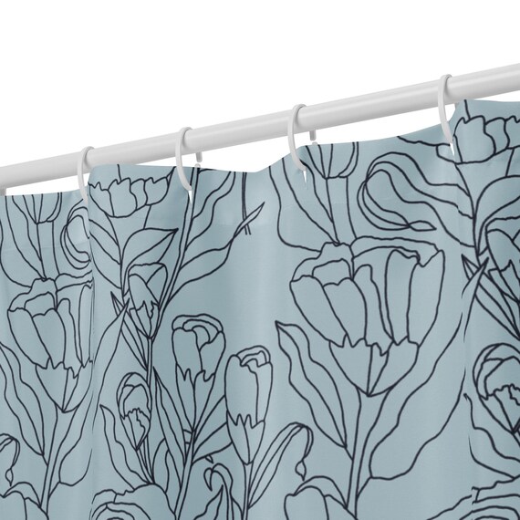 Spring Tulips Floral Shower Curtain / Linocut Flowers Blueish Grey