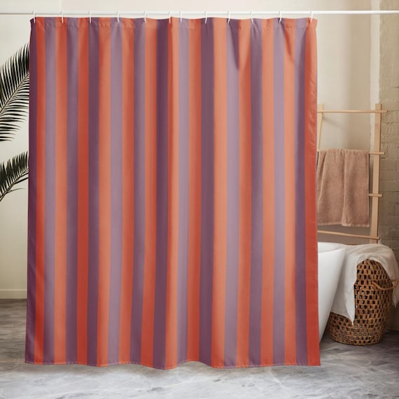 Striped Shower Curtain, Afternoon Sun Orange and Lazy Lavender, Warm Orange Bathroom Decor, Sunset Stripe Bath