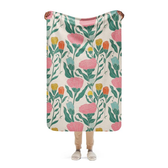 Spring Tulips Floral Blanket / Linocut Flowers Pink Yellow Green / Soft and Cozy Sherpa Blanket