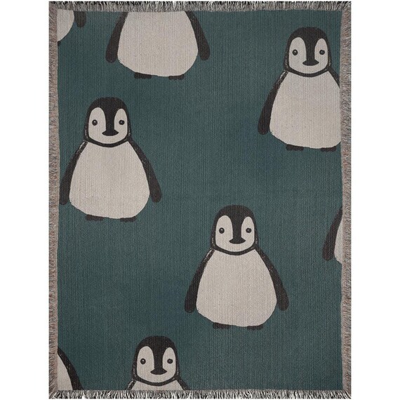 Teal Baby Penguin Woven Blanket