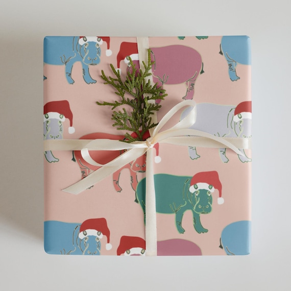 Christmas Hippo Wrapping / Santa Hippopotamus in Modern Pink