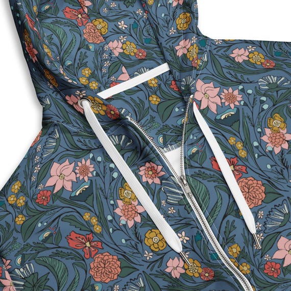 Blue Botanical Hoodie, Floral Zip Up Sweatshirt, Vintage Flower Pattern Hoodie, Cottagecore Streetwear